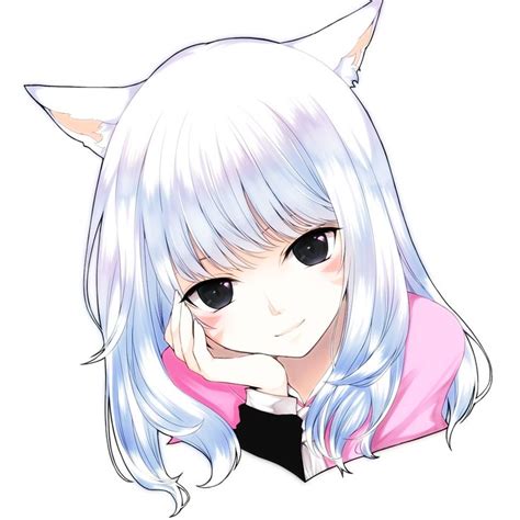 Anime Girl Neko With White Hair Black Eyes Pink Shirt