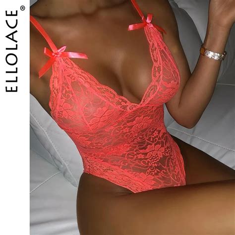 Ellolace Sexy Lace Transparent Bodysuit Women Deep V Bodycon Bodys See Through Sleeveless