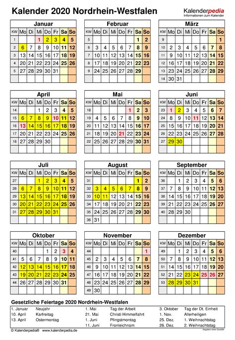 Kalender 2020 Nrw Ferien Feiertage Pdf Vorlagen