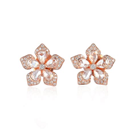 Pave Diamond K Solid Rose Gold Flower Look Stud Earrings Women