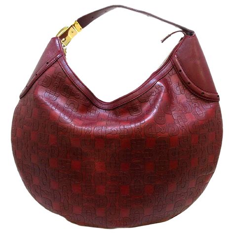 Gucci Red Horsebit Embossed Leather Hobo Bag Dark Red Pony Style