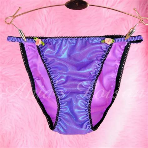 Metallic Foil Satin String Bikini Purple Blue Panties Wetlook Ladies