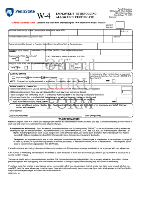 Form W4 Employee Withholding Allowance Certificate Pennsylvania State