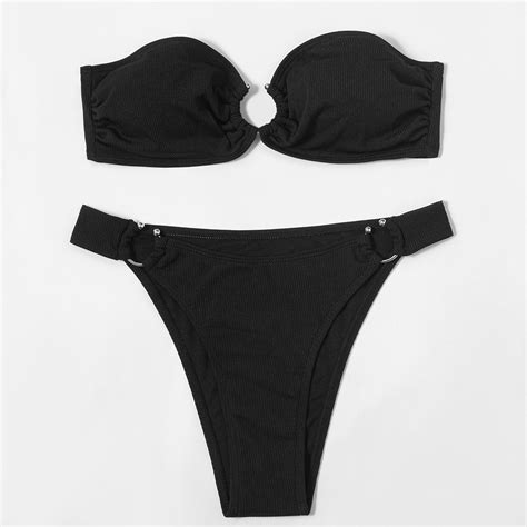 New Ladies Bikini Sexy Swimwear Ring Bikini Solid Color Split 2 Piece Bikini With Padded China