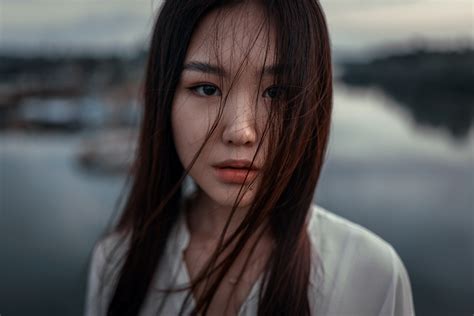 Women Model Asian Brunette Long Hair Hair In Face Looking At Viewer