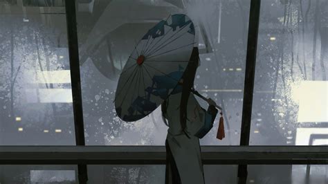 2048x1152 Anime Girl Dark Night Umbrella Raining 4k 2048x1152