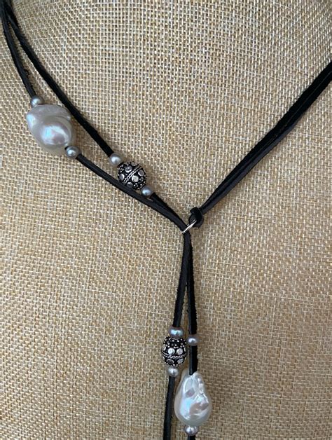 Lariat Necklace In Black Leather With Ultra Baroque Pearls And Etsy