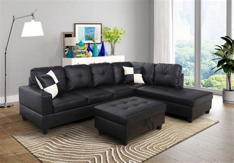 For U Furnishing Classic Black Faux Leather Sectional Sofa Right