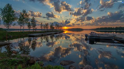 Trees Viewes Clouds Platform Reflection Great Sunsets Lake Boat