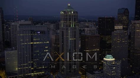 Fly By Skyscrapers Downtown Seattle Night Aerial Stock Footage Ax50