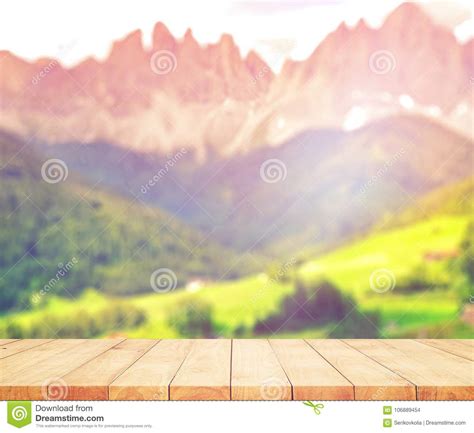 Wood Table Top On Blur Mountains Background Nature Concepts For