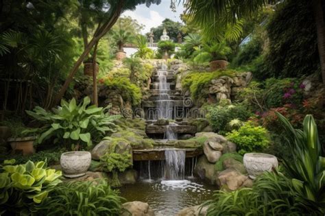 Majestic Garden With Majestic Waterfall Surrounded By Lush Greenery