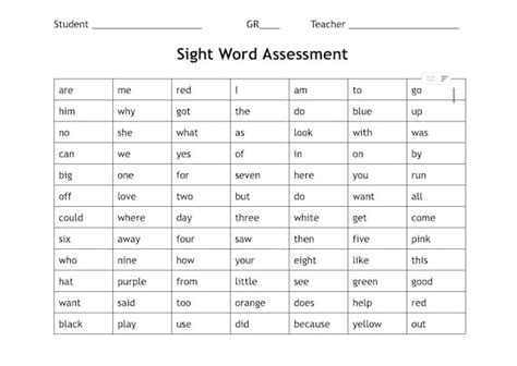 Prek Kindergarten Sight Word Assessment Etsy