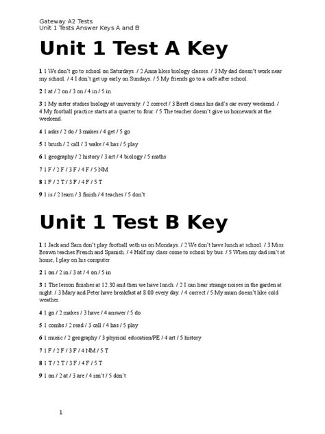 Answer key name _ unit 5 test date _ multiple choice: Gateway A2 Test 1 Key