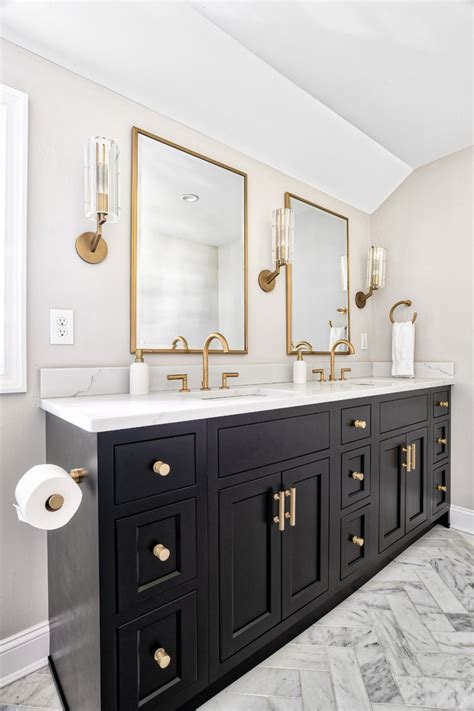 Tile floors allow for heated flooring systems that warm your feet while you're in the bathroom. Master Bathroom Black Vanity - Transitional - Bathroom ...