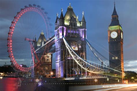 London Uk Tower Bridge Big Ben London Eye Merged Shot Editorial