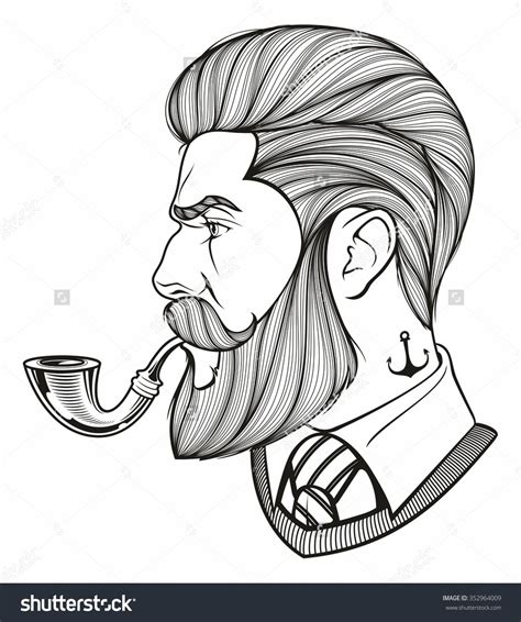 Hand Drawn Portrait Of Bearded Man With Pipe Side View Skull Beard