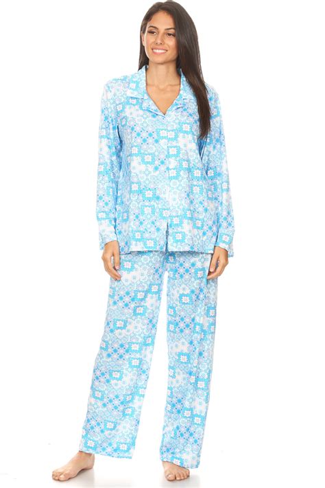 2156 Womens Sleepwear Pajamas Woman Long Sleeve Button Down Set Blue Xxl