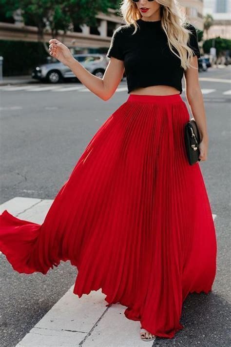 Pleated Maxi Skirts S Red Red Maxi Skirt Outfit Red Skirt Outfits Pleated Maxi Skirt