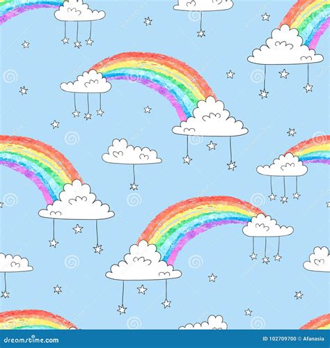 Cartoon Rainbows And Clouds Seamless Pattern Stock Vector
