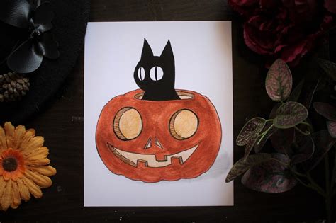 Halloween Pumpkin Black Cat Illustration Inktober Drawing Art Etsy