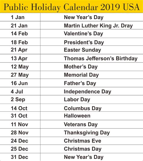 Public Holidays Calendar 2019 Usa 2019calendar 2019holidayscalendar