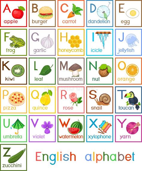 English Alphabet With Pictures And Titles For Children Education Stock