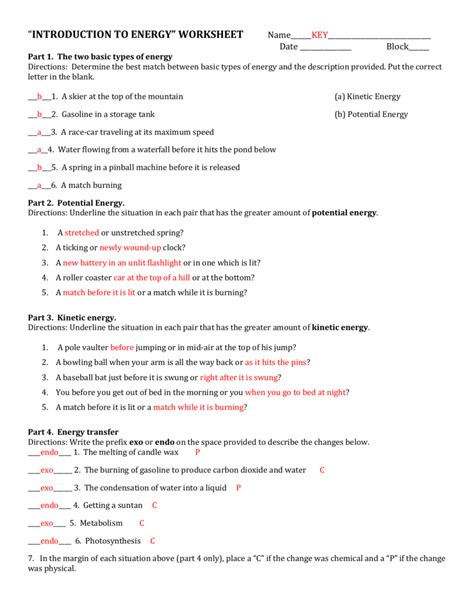 Forms Of Energy Worksheet Answers