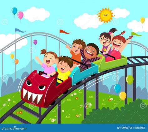 Cartoon Of Kids Having Fun On Roller Coaster In An Amusement Park Stock