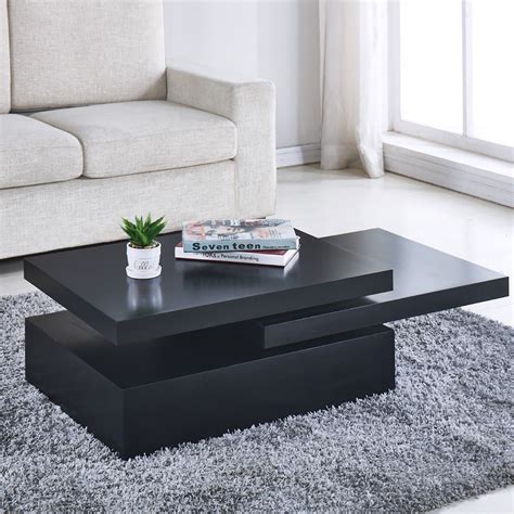 Black Square Coffee Table Rotating Contemporary Modern Living
