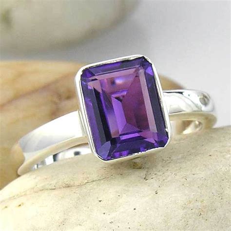 Amethyst Solitaire Ring In Silver Large Emerald Cut Purple Etsy