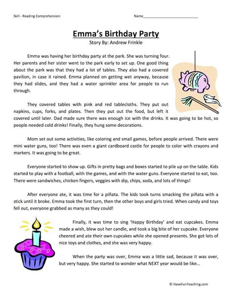 Emmas Birthday Party Reading Comprehension Worksheet Have Fun