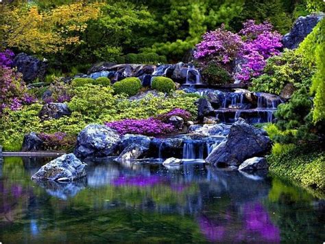 Beautiful Spring Flowers At A Waterfall Waterfalls