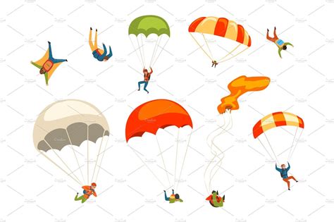 Skydivers Flying With Parachutes Graphic Illustration Vector