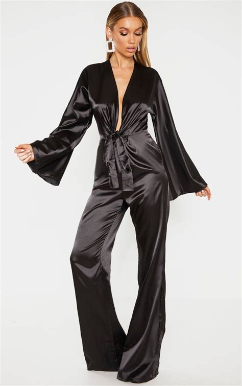 tall black ruched waist satin jumpsuit prettylittlething ca