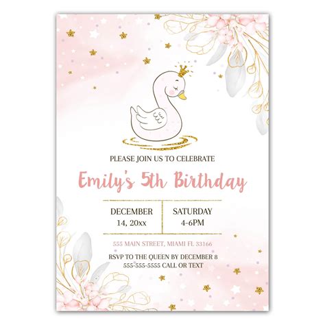 Swan Invitation Birthday Party Glitter Blush Pink Printable Template
