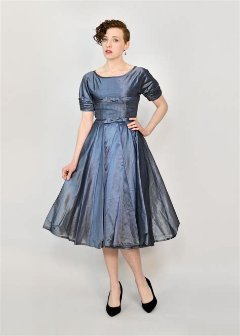Vintage 50s Evening Dress 1950s Blue Organza Circle Skirt Party Dress