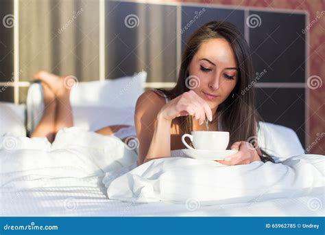 Beautiful Woman Lying In Bed And Drinking Coffee Or Tea The Morning Stock Image Image Of Lying