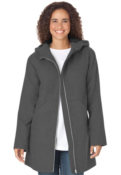 Wool Blend Hooded Coat With Front Zipper Plus Size Hoodies Winter