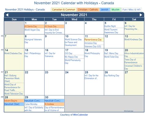Print Friendly November 2021 Canada Calendar For Printing