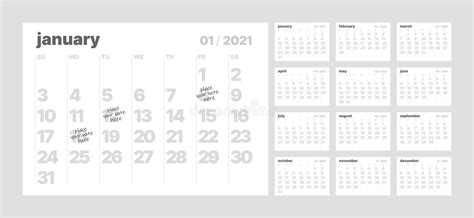 Monthly Calendar For 2021 Year Week Starts On Sunday Stock Vector