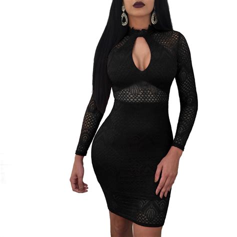 Sexy Black Cocktail Party Dress Back Zipper Lace Stand Collar Long