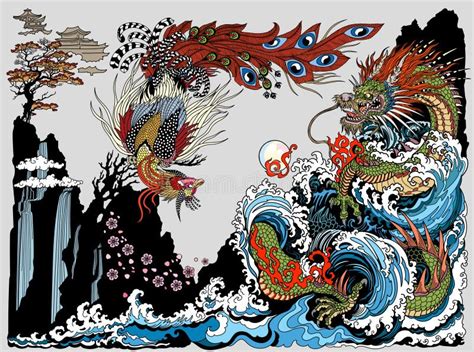 Chinese Dragon Phoenix Playing Pearl Stock Illustrations 14 Chinese