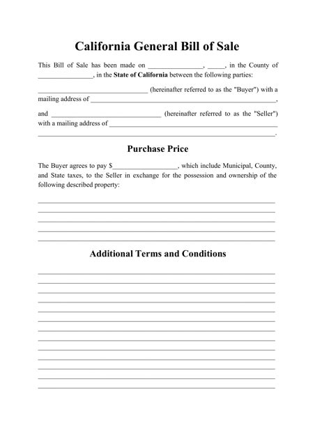 California Generic Bill Of Sale Form Fill Out Sign Online And