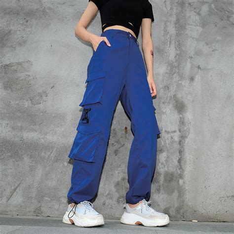 Women High Waist Blue Cargo Pants Casual Loose Joggers Sweatpants Korean Ladies Trousers Summer