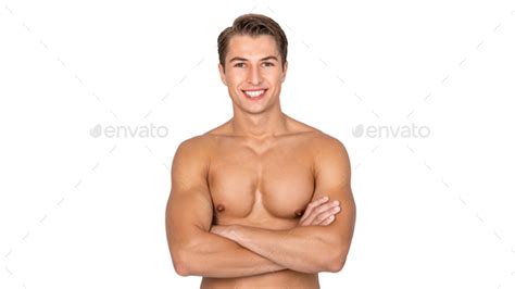 Portrait Of Guy Posing With Naked Torso At White Studio Stock Photo By