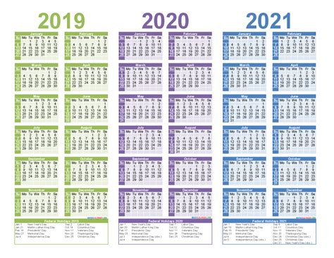 Download or print this free 2021 calendar in pdf, word, or excel format. Free Printable 2019 2020 and 2021 Calendar with Holidays ...