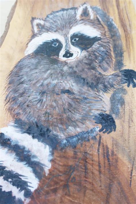 Rustic Hand Painted Raccoon Live Edge Wood Slab Picture Vintage Folk Art