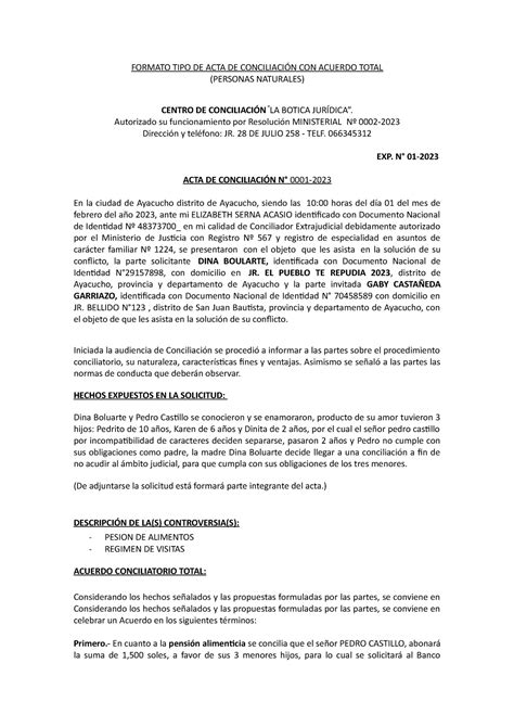 Formato Tipo De Acta De Conciliaci N Con Acuerdo Total Formato Tipo