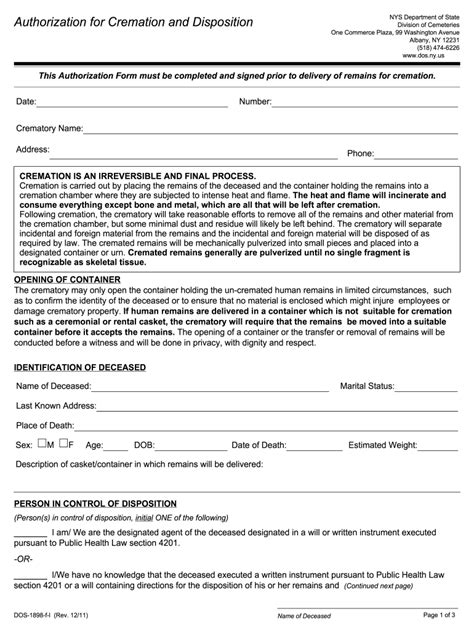 Nys Cremation Authorization 2011 2024 Form Fill Out And Sign